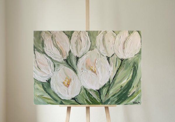 schilderij getiteld witte tulpen